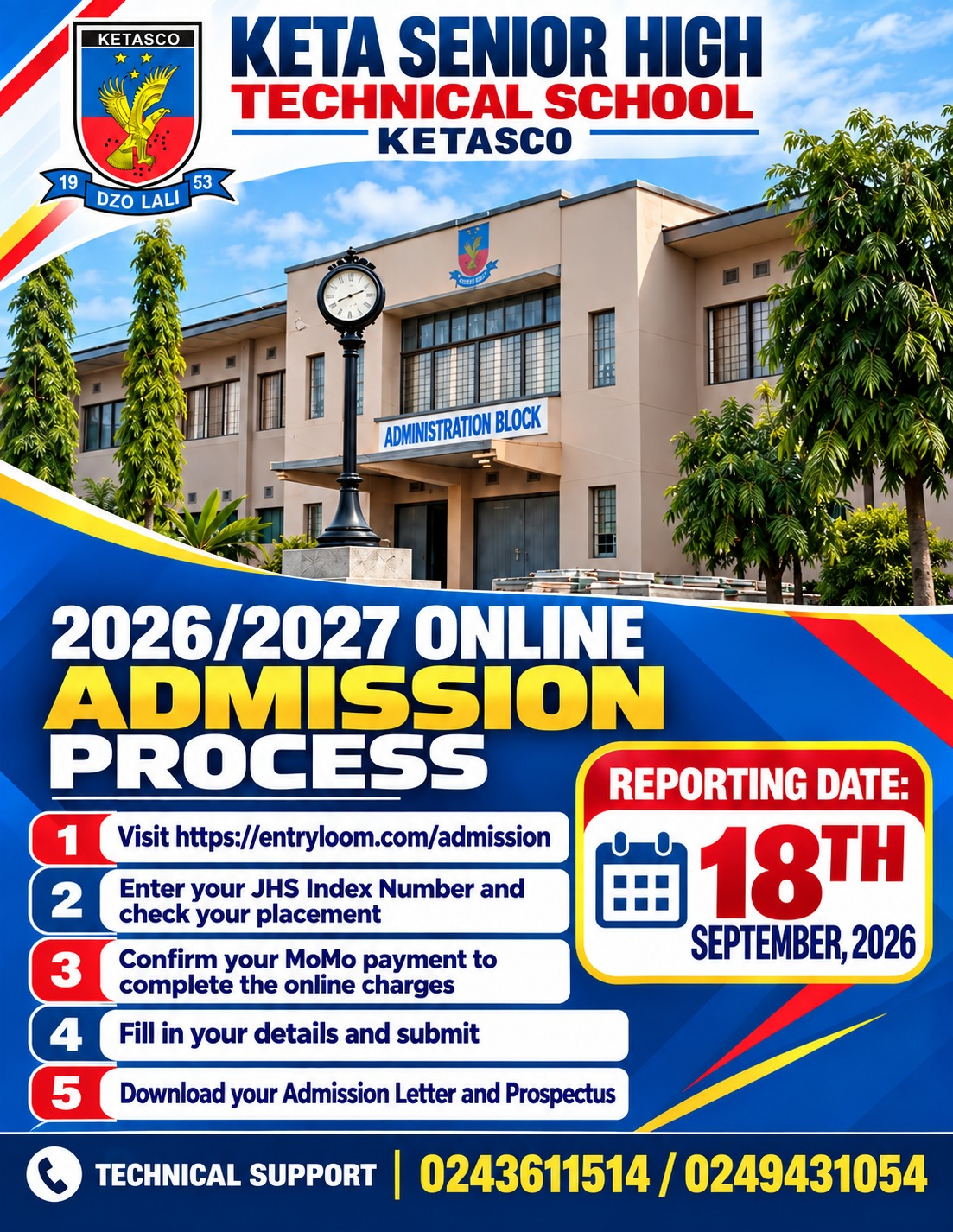 Official KETASCO 2026/2027 online admission flyer showing admission steps, reporting date and technical support numbers